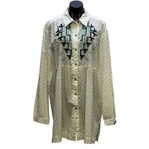 Double D Ranch Embroidered Tunic Shirt White W/ Navy Blue & Teal Aztec Pattern L